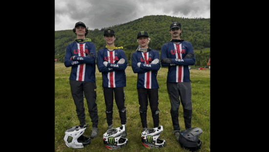 Outlaw Bike Team athletes competing in Poland. (L-R) Ryder Lawrence (supported by Outlaw at race), Luke Mallen, Alex Mallen, and Drake Parker.